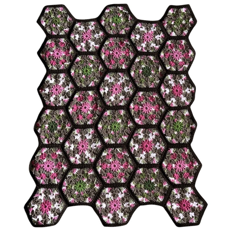 Vintage Handmade Crochet Afghan African Flower Hexagon Granny Square Throw